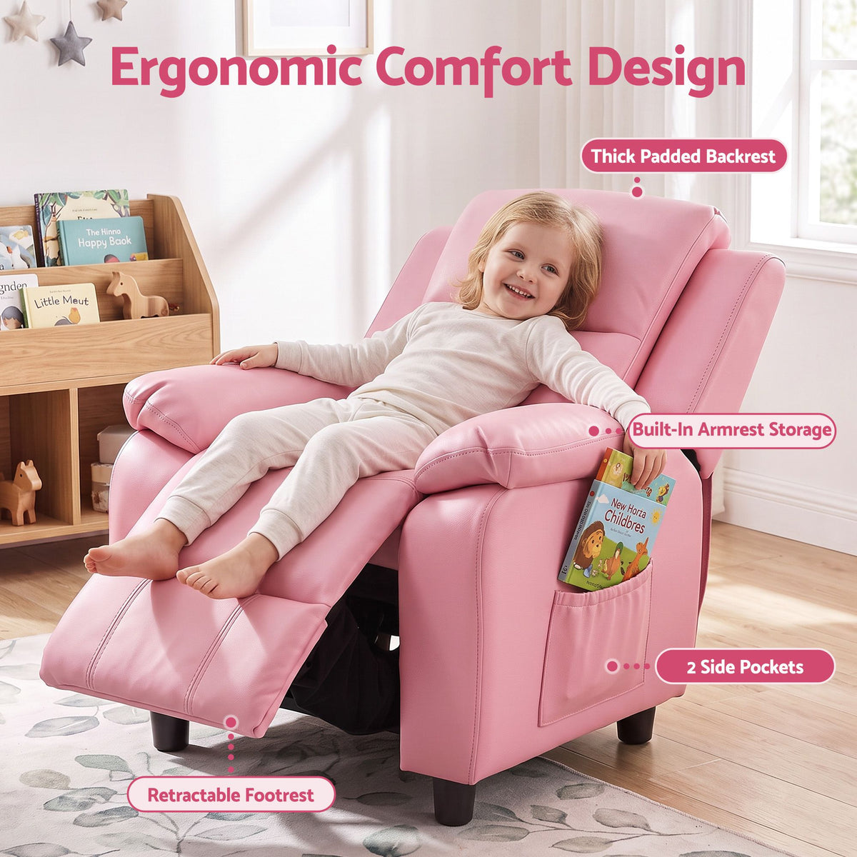 Kids PU Leather Recliner Chair with Storage – Pink