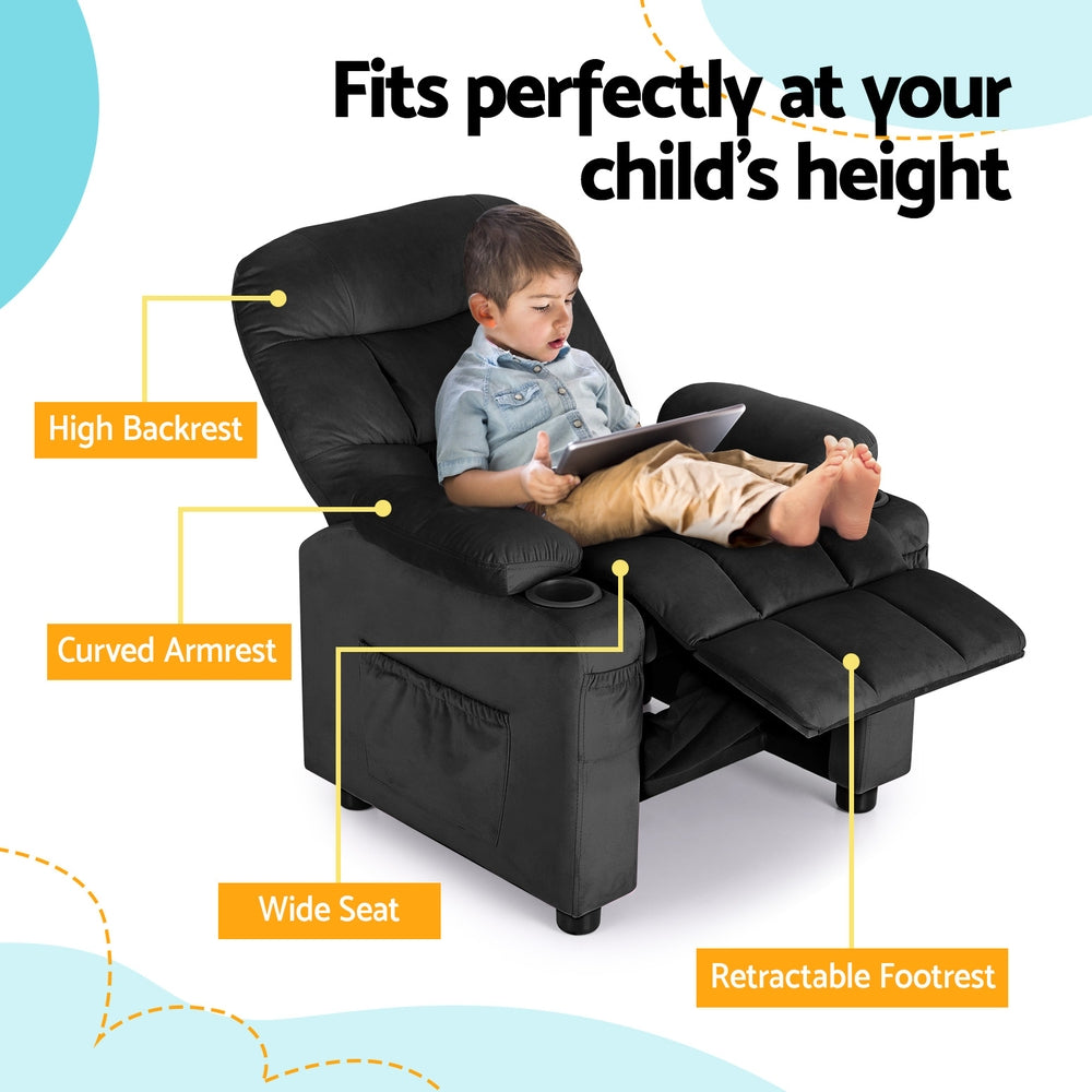 Kids Velvet Mini Recliner Chair - Black - Homecoze