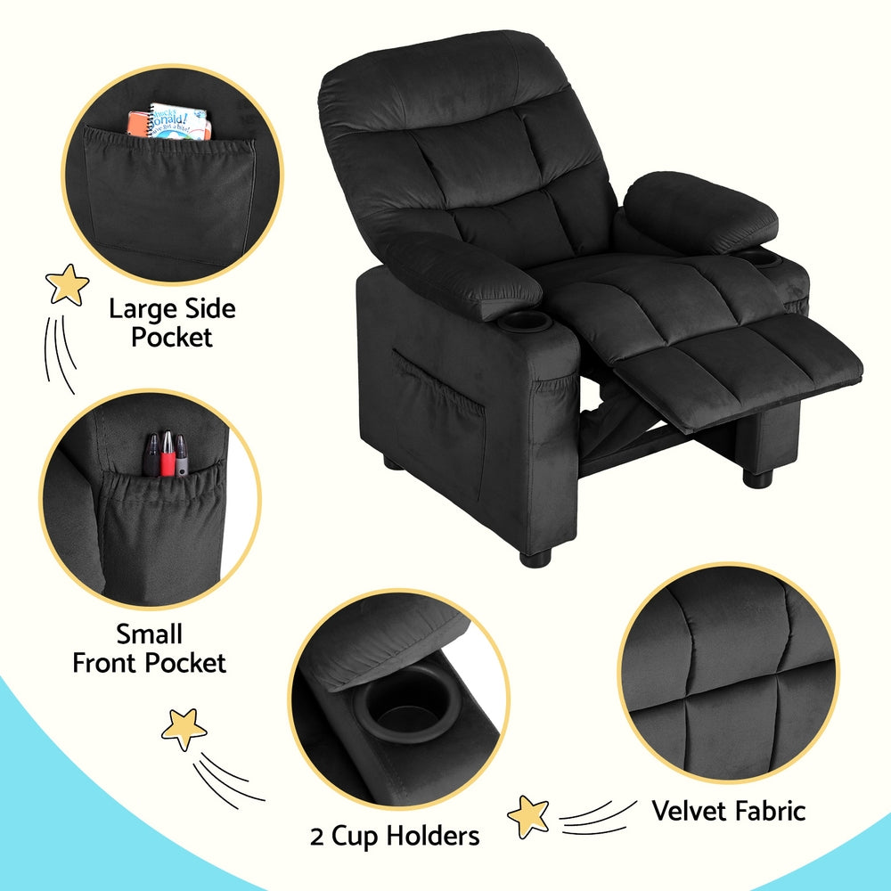 Kids Velvet Mini Recliner Chair - Black - Homecoze