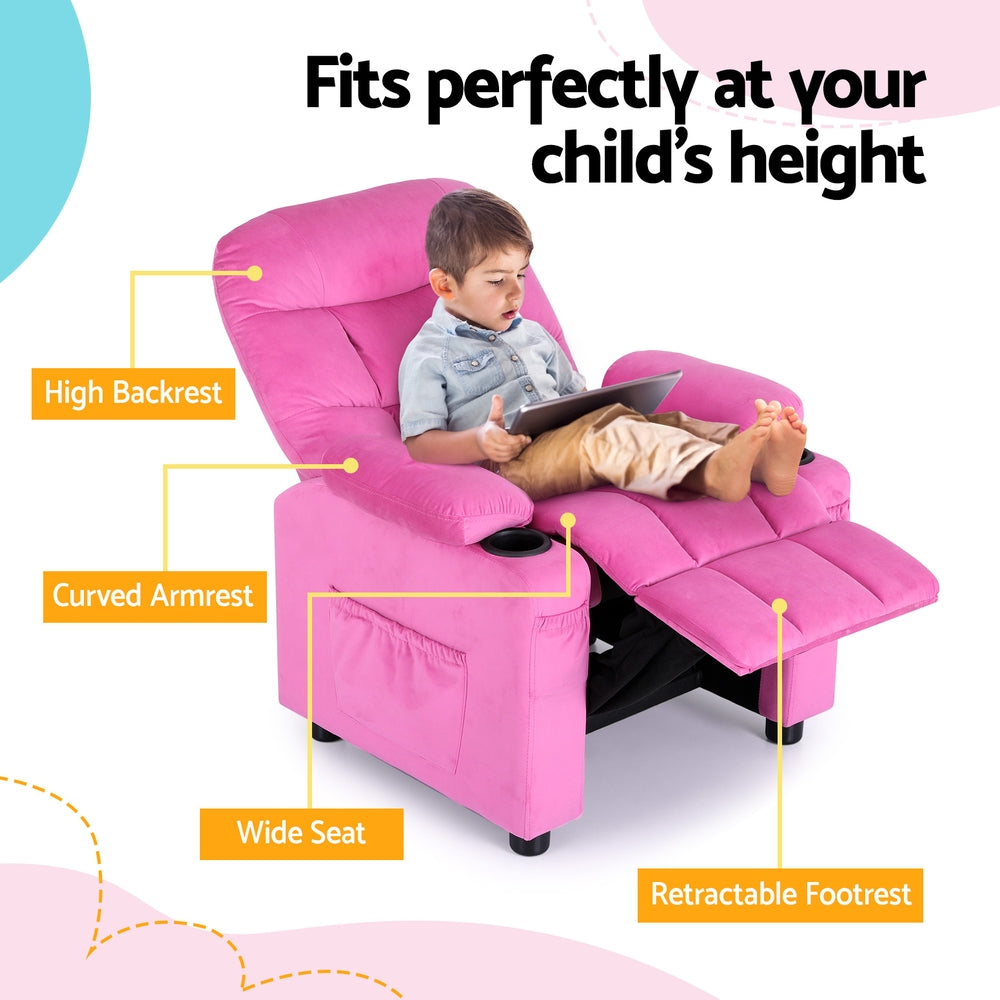 Kids Velvet Mini Recliner Chair -Pink - Homecoze