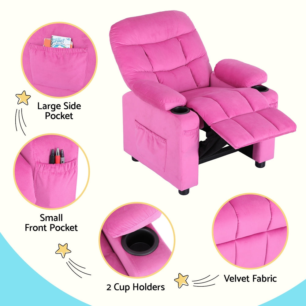 Kids Velvet Mini Recliner Chair -Pink - Homecoze