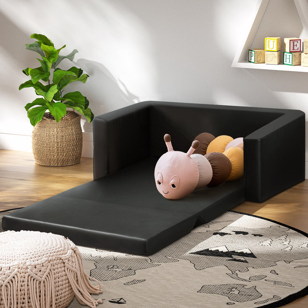 Kids Convertible Sofa 2 Seater Black PU Leather Solid Frame Couch Lounger - Homecoze