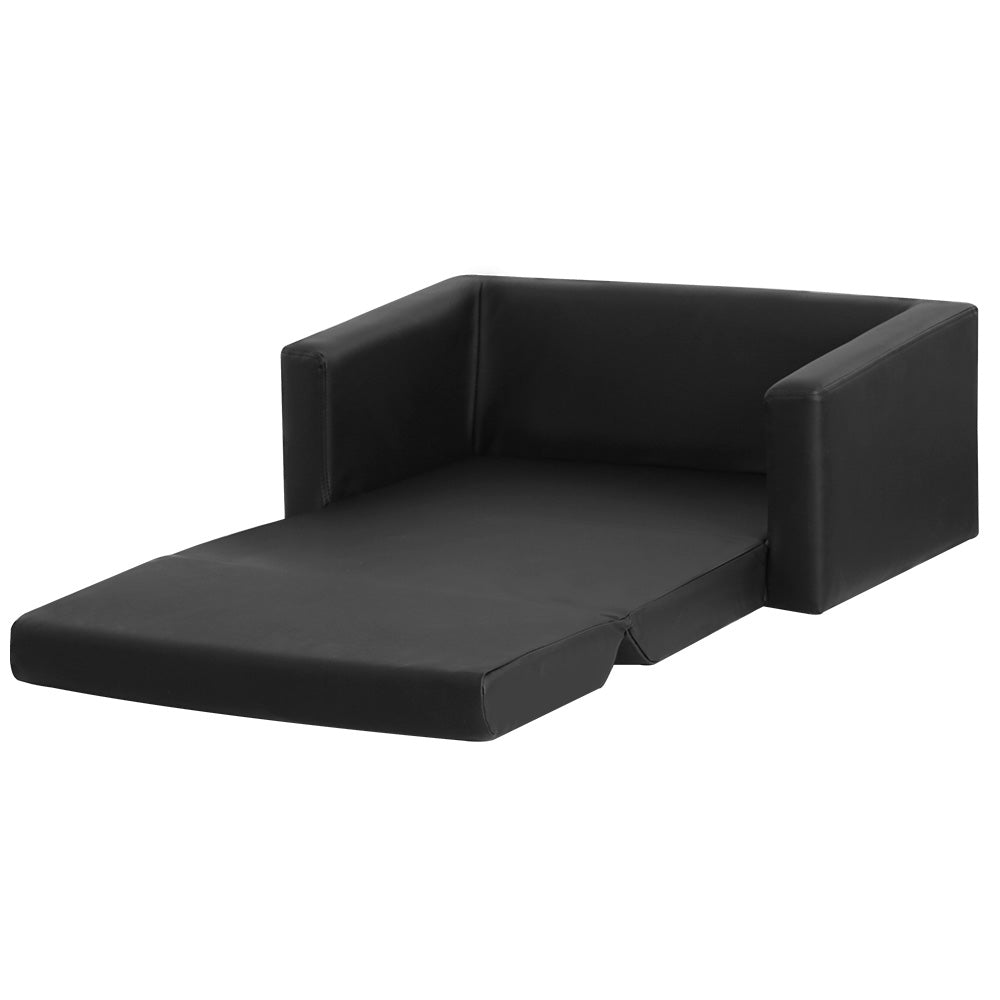 Kids Convertible Sofa 2 Seater Black PU Leather Solid Frame Couch Lounger - Homecoze
