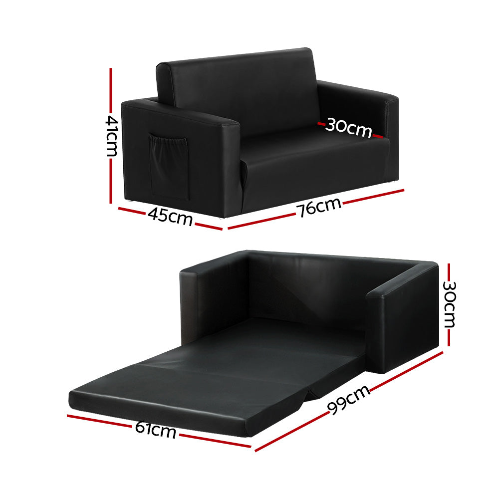 Kids Convertible Sofa 2 Seater Black PU Leather Solid Frame Couch Lounger - Homecoze