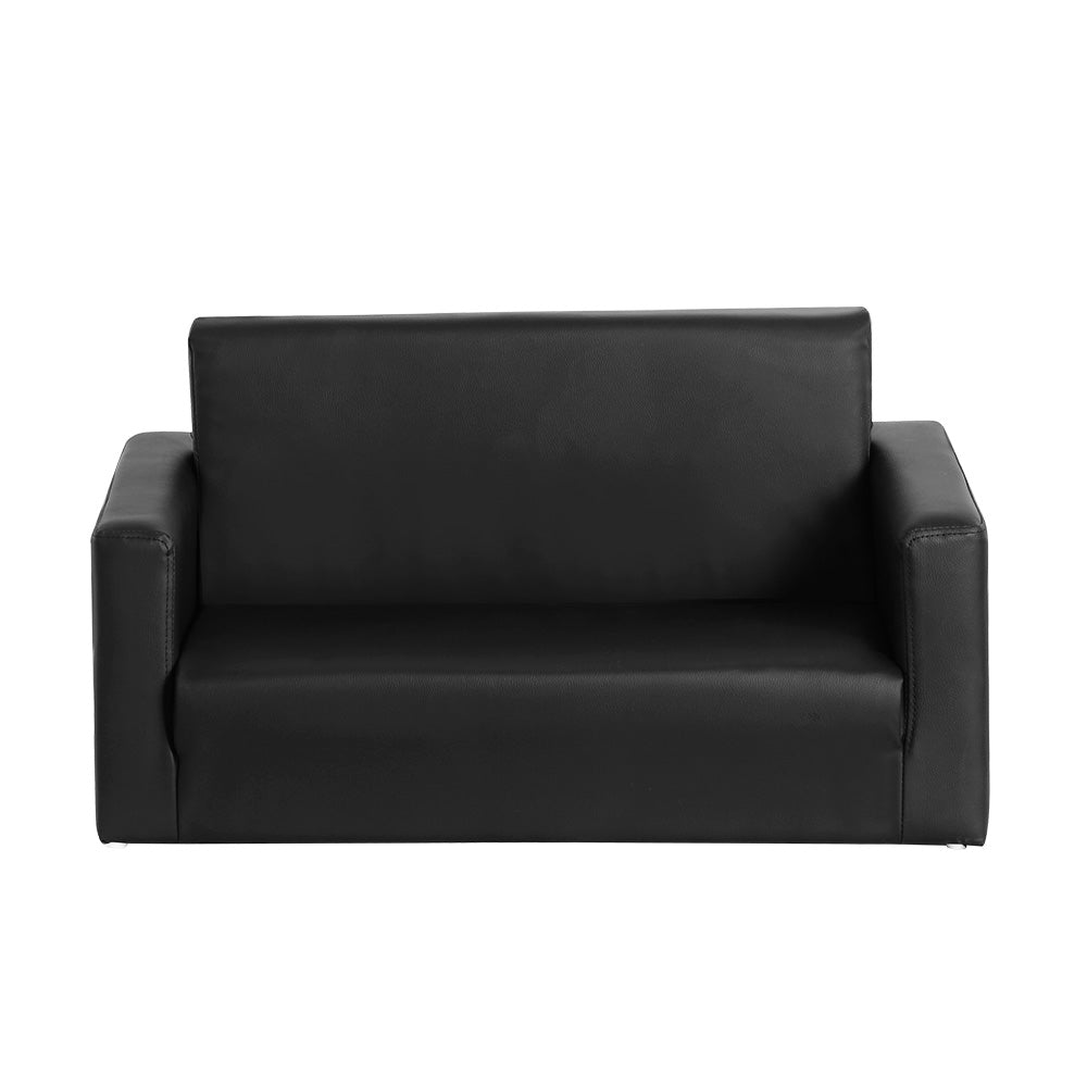 Kids Convertible Sofa 2 Seater Black PU Leather Solid Frame Couch Lounger - Homecoze
