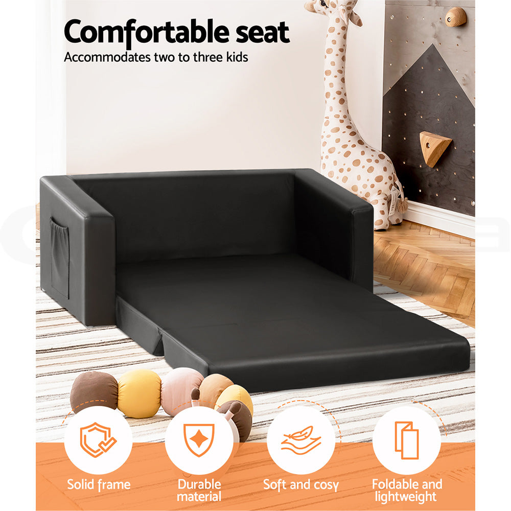 Kids Convertible Sofa 2 Seater Black PU Leather Solid Frame Couch Lounger - Homecoze