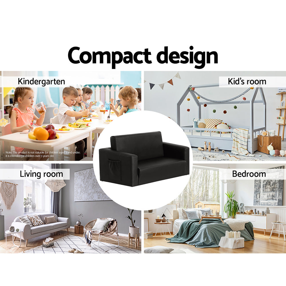 Kids Convertible Sofa 2 Seater Black PU Leather Solid Frame Couch Lounger - Homecoze