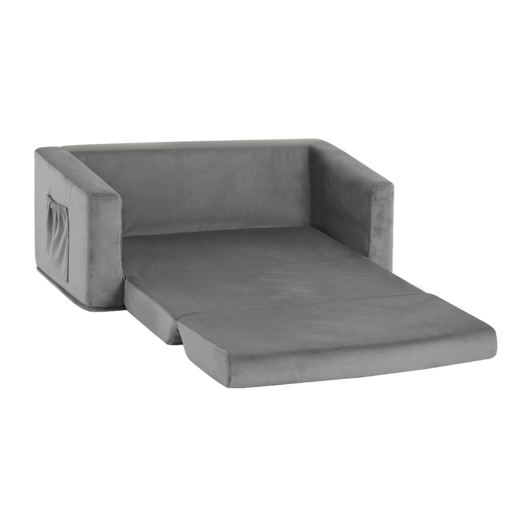 Kids Convertible Sofa 2 Seater Grey Velour Solid Frame Couch Lounger - Homecoze