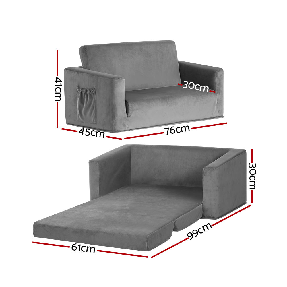Kids Convertible Sofa 2 Seater Grey Velour Solid Frame Couch Lounger - Homecoze