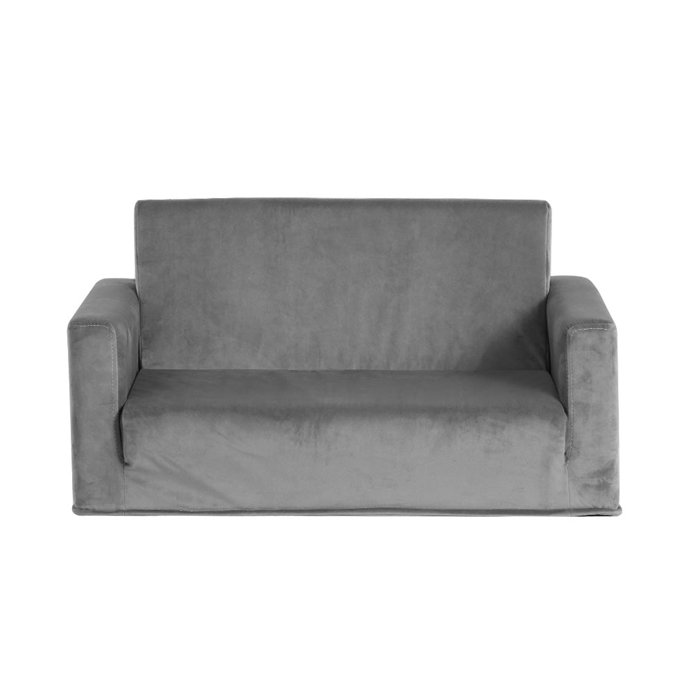 Kids Convertible Sofa 2 Seater Grey Velour Solid Frame Couch Lounger - Homecoze
