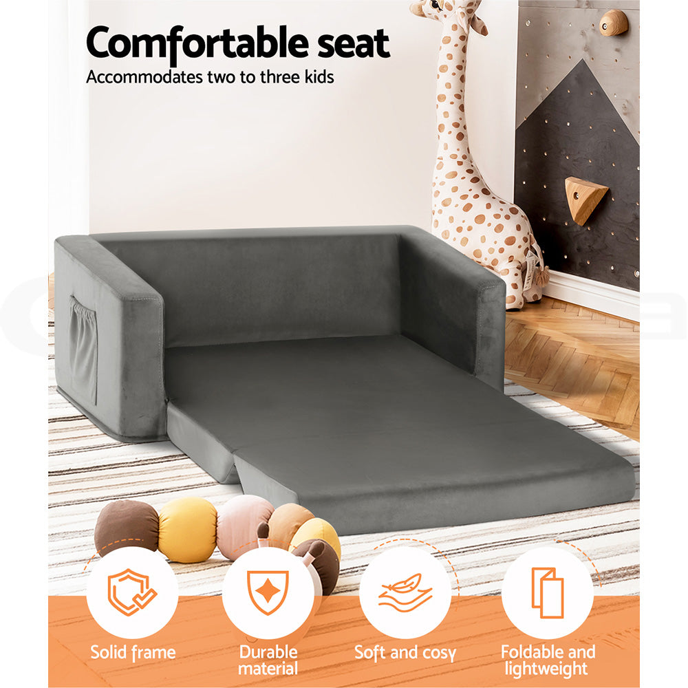 Kids Convertible Sofa 2 Seater Grey Velour Solid Frame Couch Lounger - Homecoze