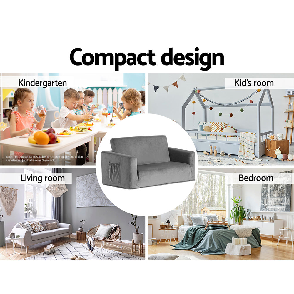 Kids Convertible Sofa 2 Seater Grey Velour Solid Frame Couch Lounger - Homecoze