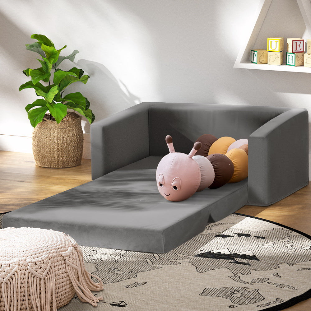 Kids Convertible Sofa 2 Seater Grey Velour Solid Frame Couch Lounger - Homecoze