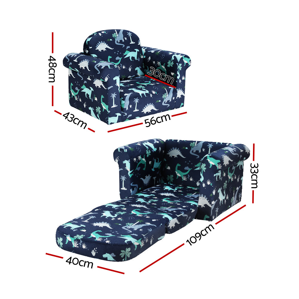 Kids Solid Frame Flip-Open Sofa Chair - Navy Dinosaurs - Homecoze