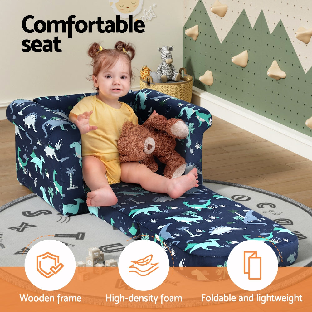 Kids Solid Frame Flip-Open Sofa Chair - Navy Dinosaurs - Homecoze