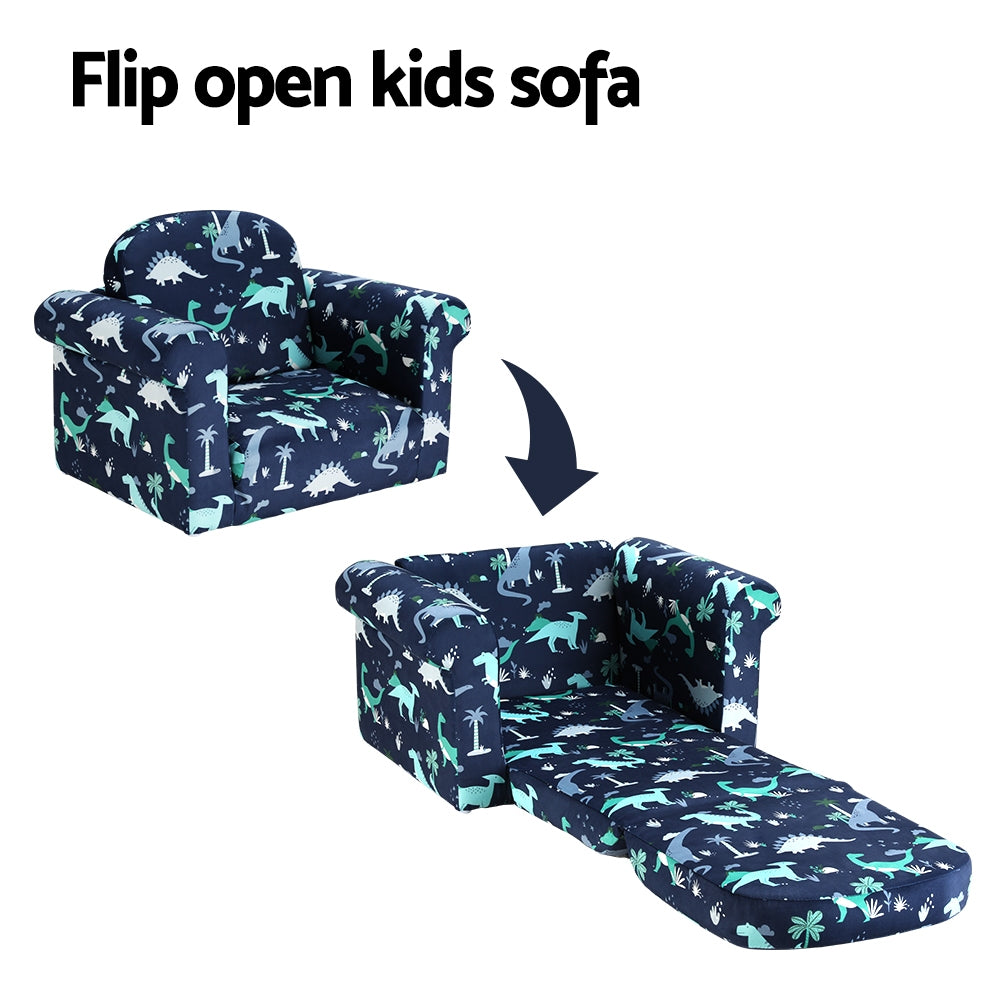 Kids Solid Frame Flip-Open Sofa Chair - Navy Dinosaurs