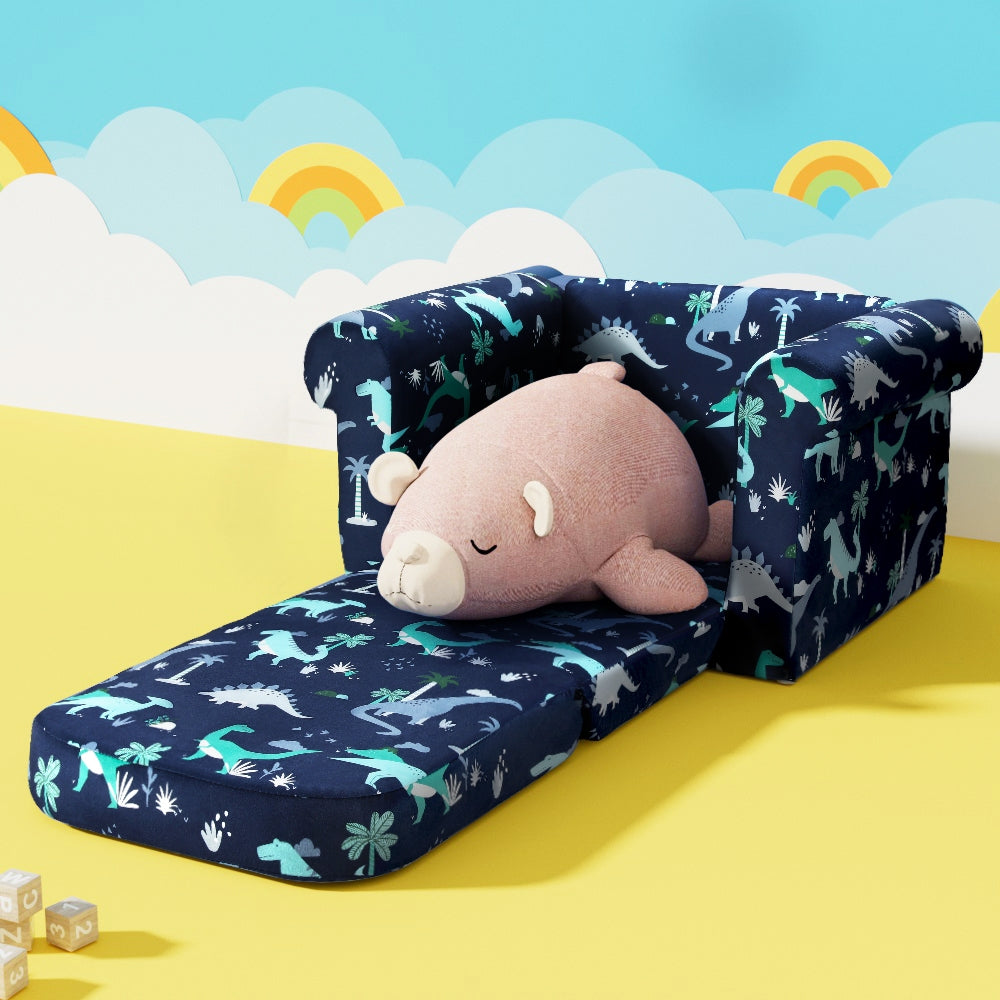 Kids Solid Frame Flip-Open Sofa Chair - Navy Dinosaurs - Homecoze