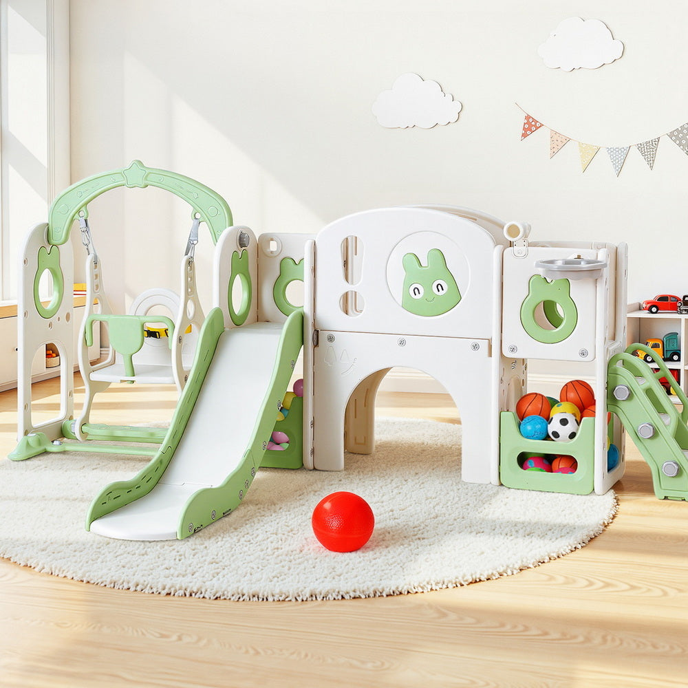 Keezi Kids Slide Swing Set Basketball Hoop Ring Football Outdoor Toys 140cm Green - Homecoze