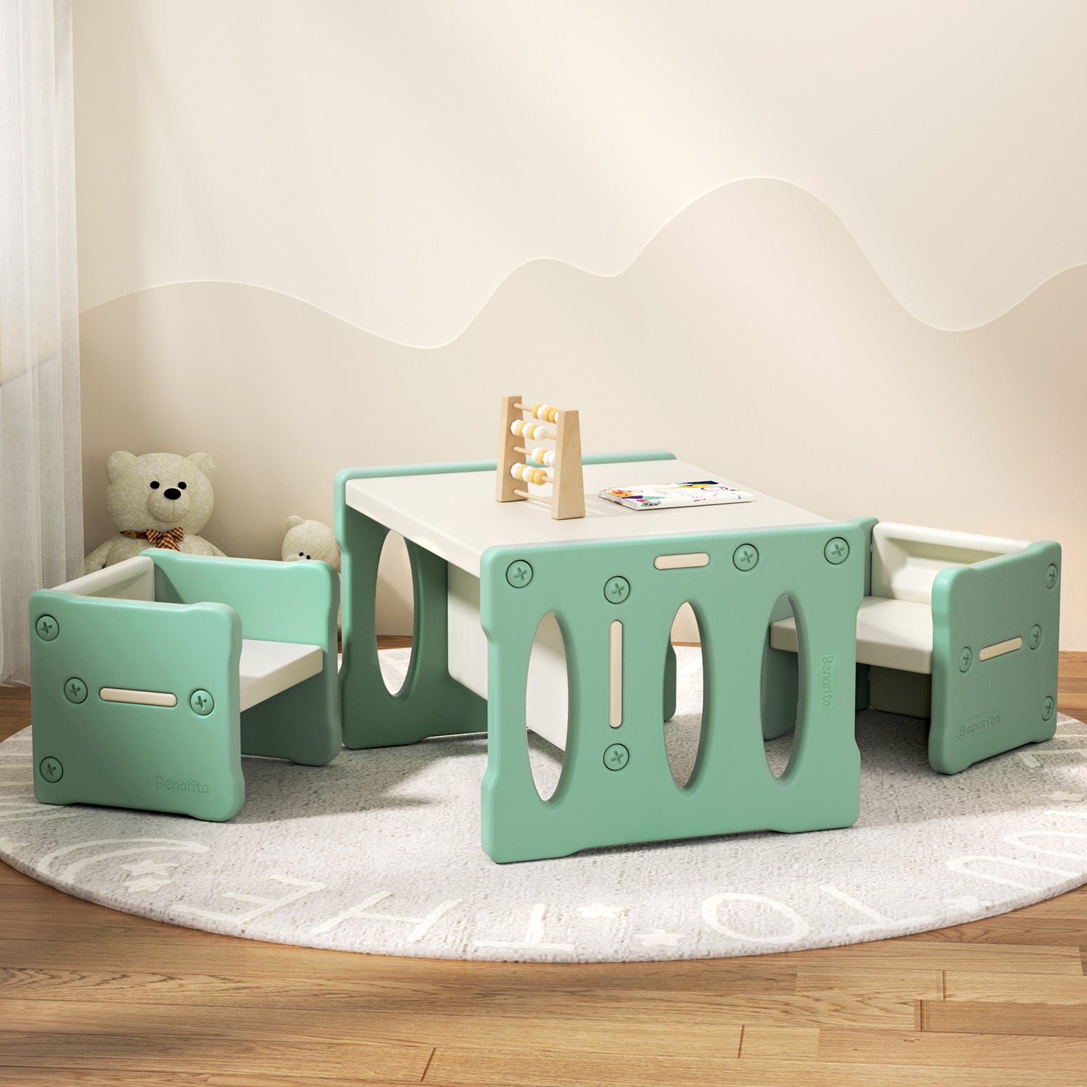 3PC Kids Multi-purpose Table and Chairs Set HDPE - Green - Homecoze