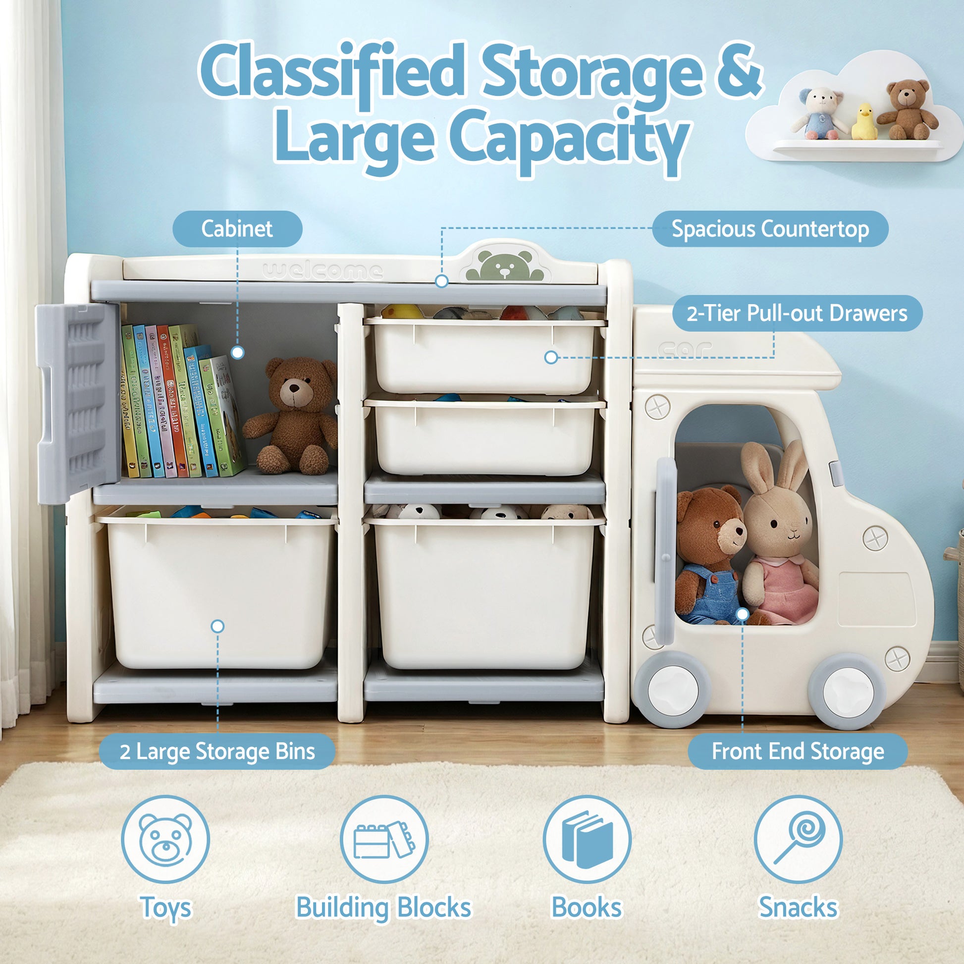 Kids Car-Shaped Storage Organizer - White & Blue - Homecoze