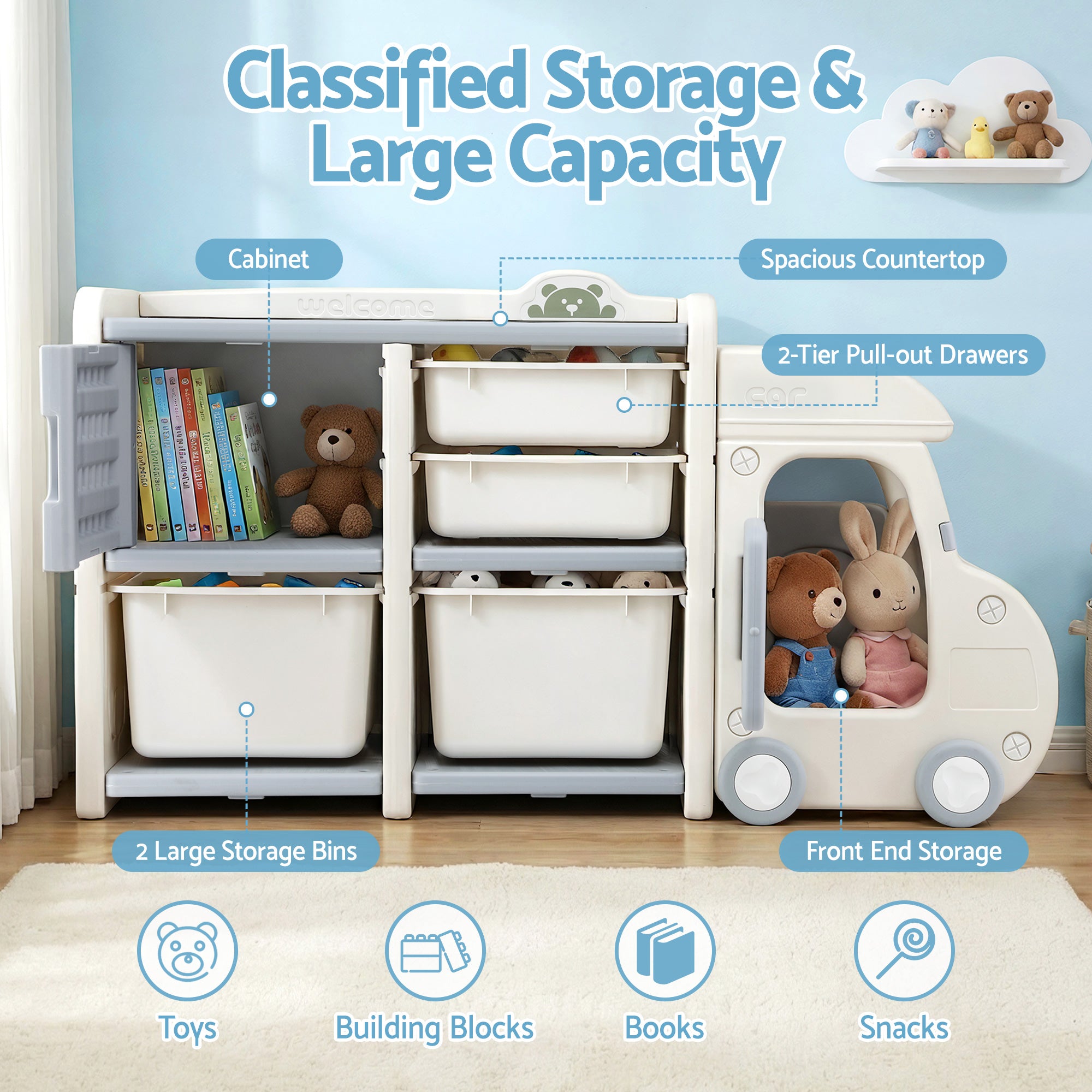Kids Car-Shaped Storage Organizer - White & Blue - Homecoze