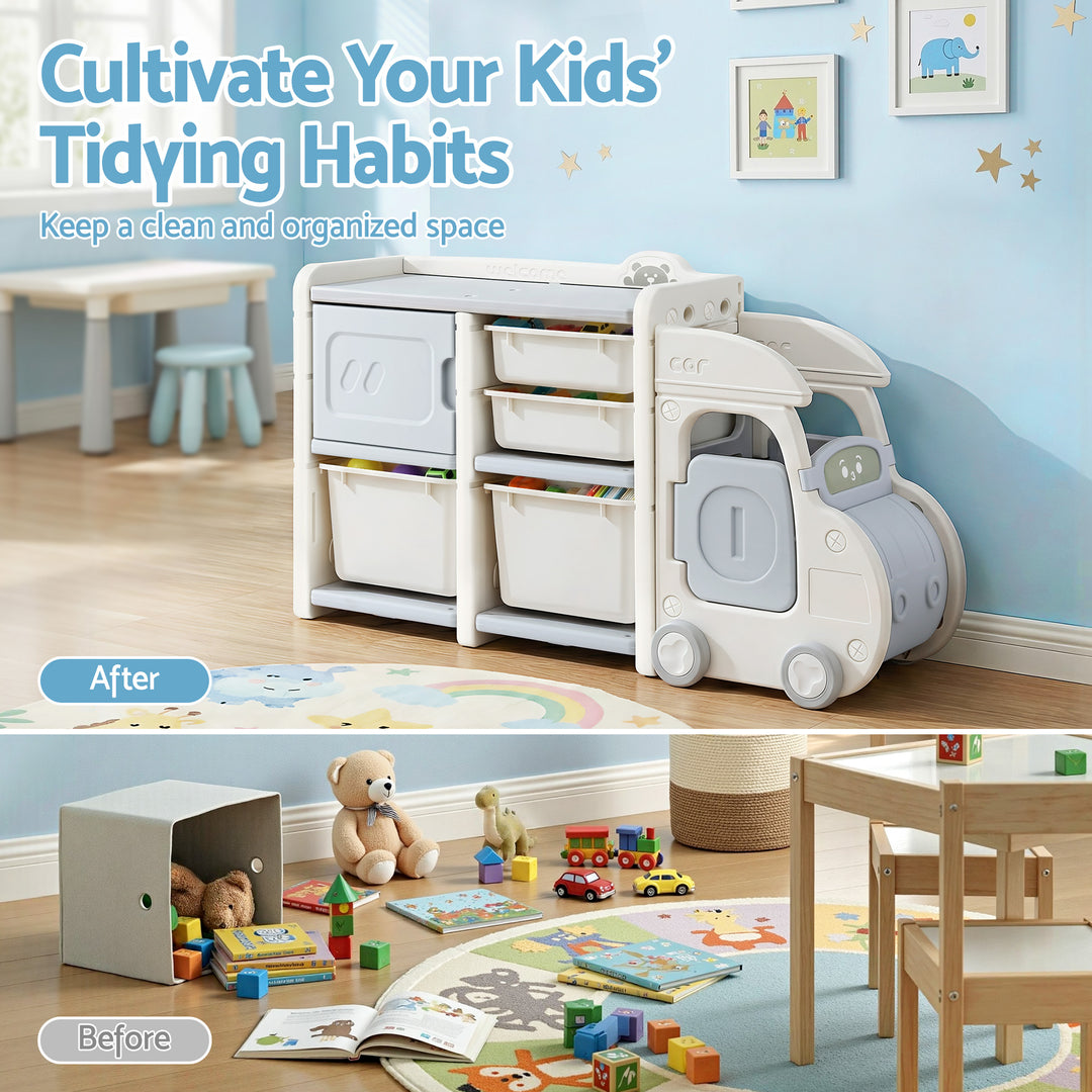 Kids Car-Shaped Storage Organizer - White & Blue