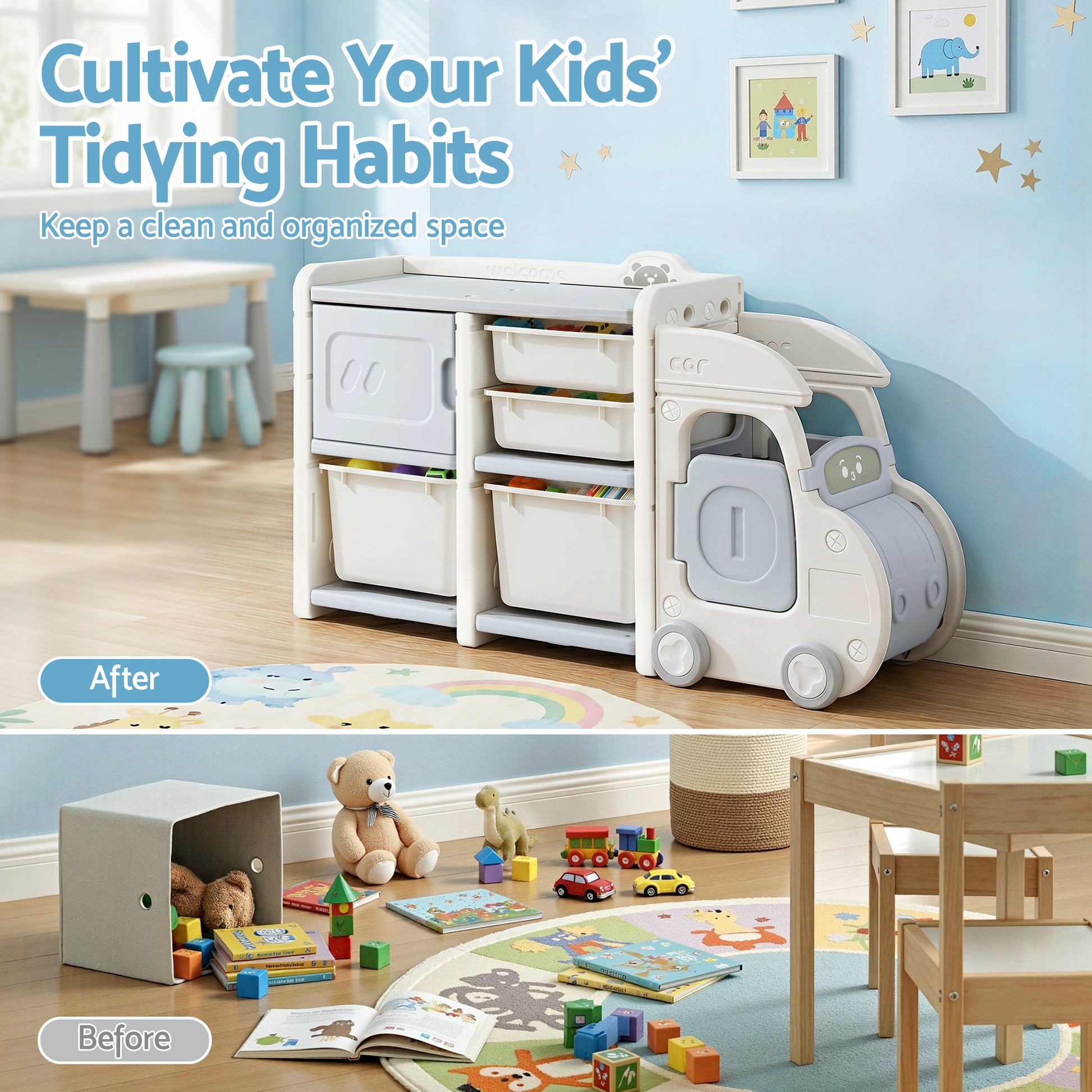 Kids Car-Shaped Storage Organizer - White & Blue - Homecoze