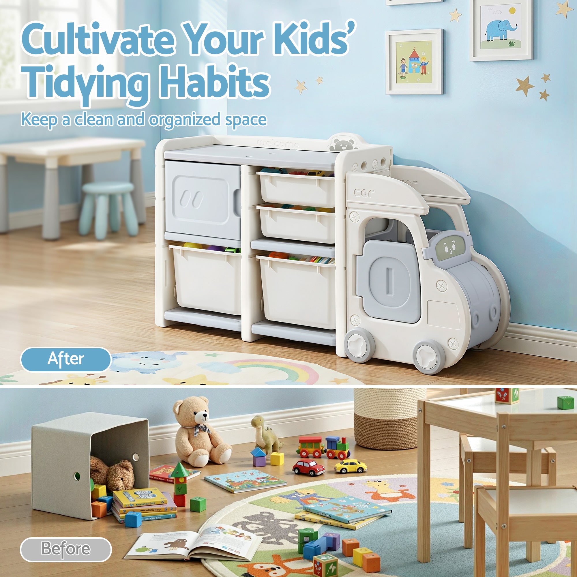 Kids Car-Shaped Storage Organizer - White & Blue - Homecoze