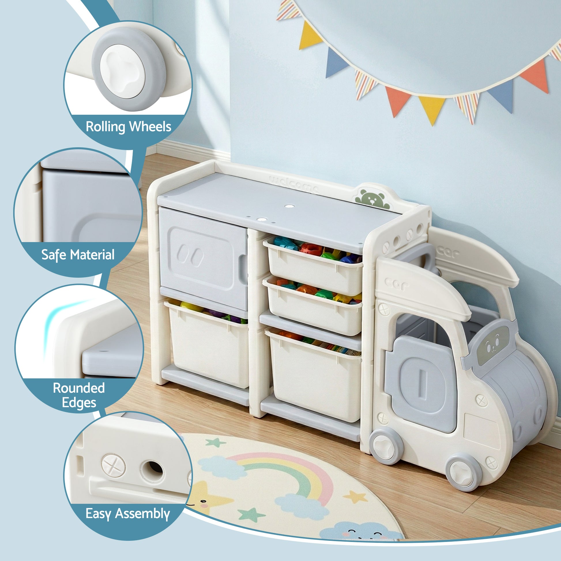 Kids Car-Shaped Storage Organizer - White & Blue - Homecoze
