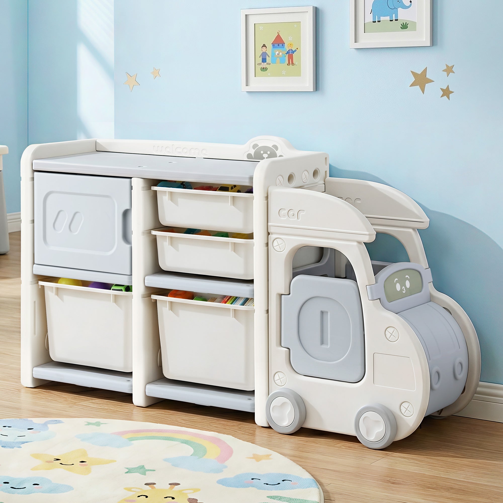 Kids Car-Shaped Storage Organizer - White & Blue - Homecoze