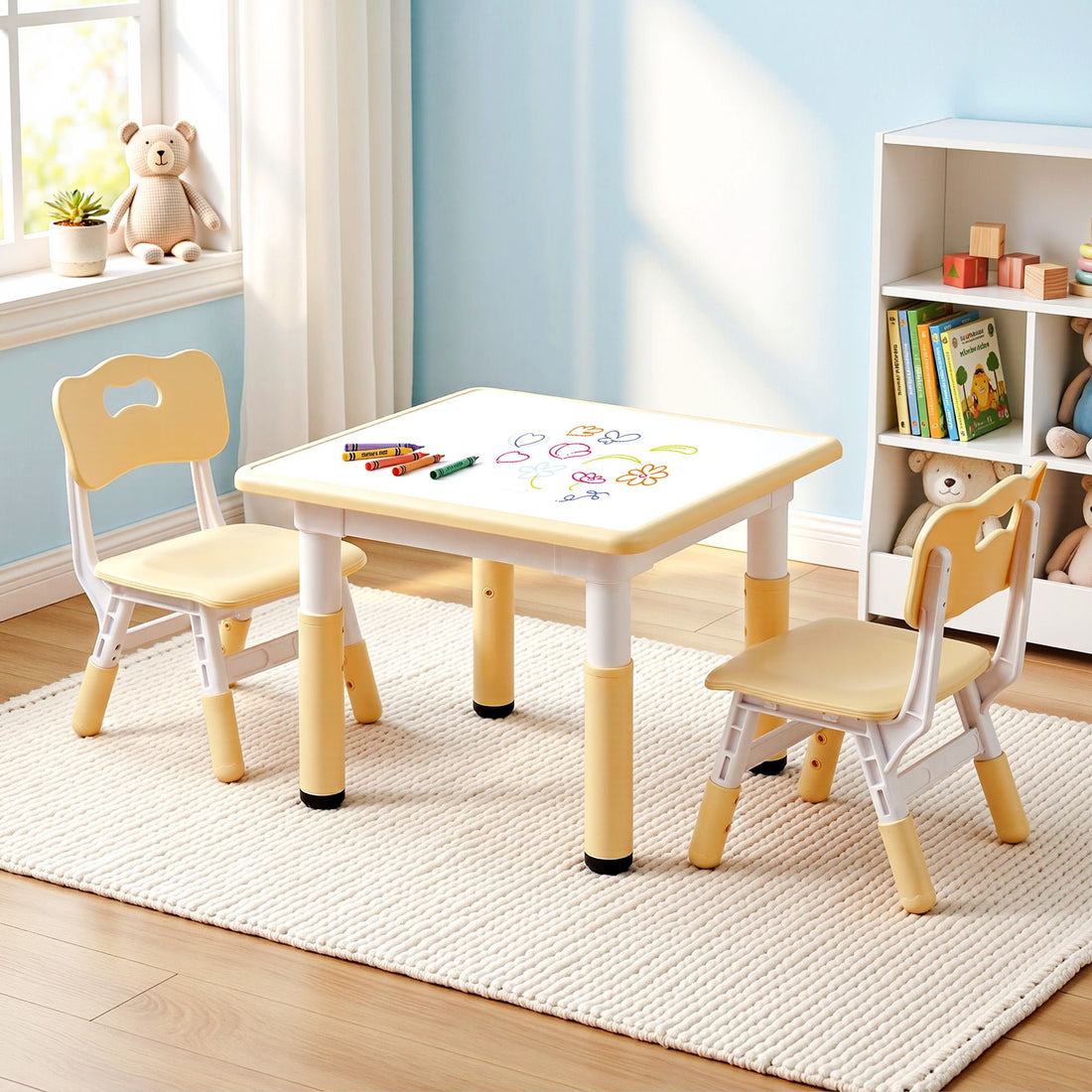 Keezi Kids Table and 2 Chairs Set Height Adjustable Toddler Desk and Chair Set for Ages 3-8, Activity Table with Graffiti Desktop for Learning Drawing Playing, Yellow - Homecoze