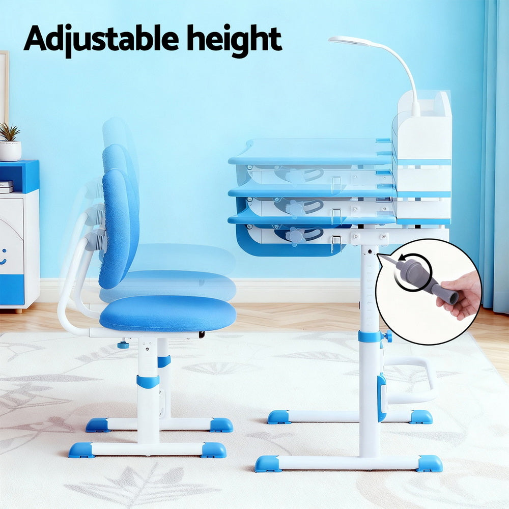 Keezi Kids Study Desk Chair Set Adjustable Ergonomic Table LED Lamp Blue - Homecoze
