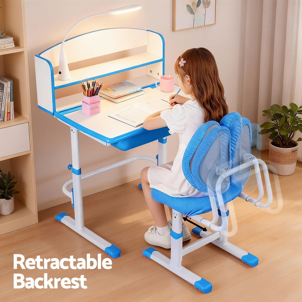 Keezi Kids Study Desk Chair Set Adjustable Ergonomic Table LED Lamp Blue - Homecoze