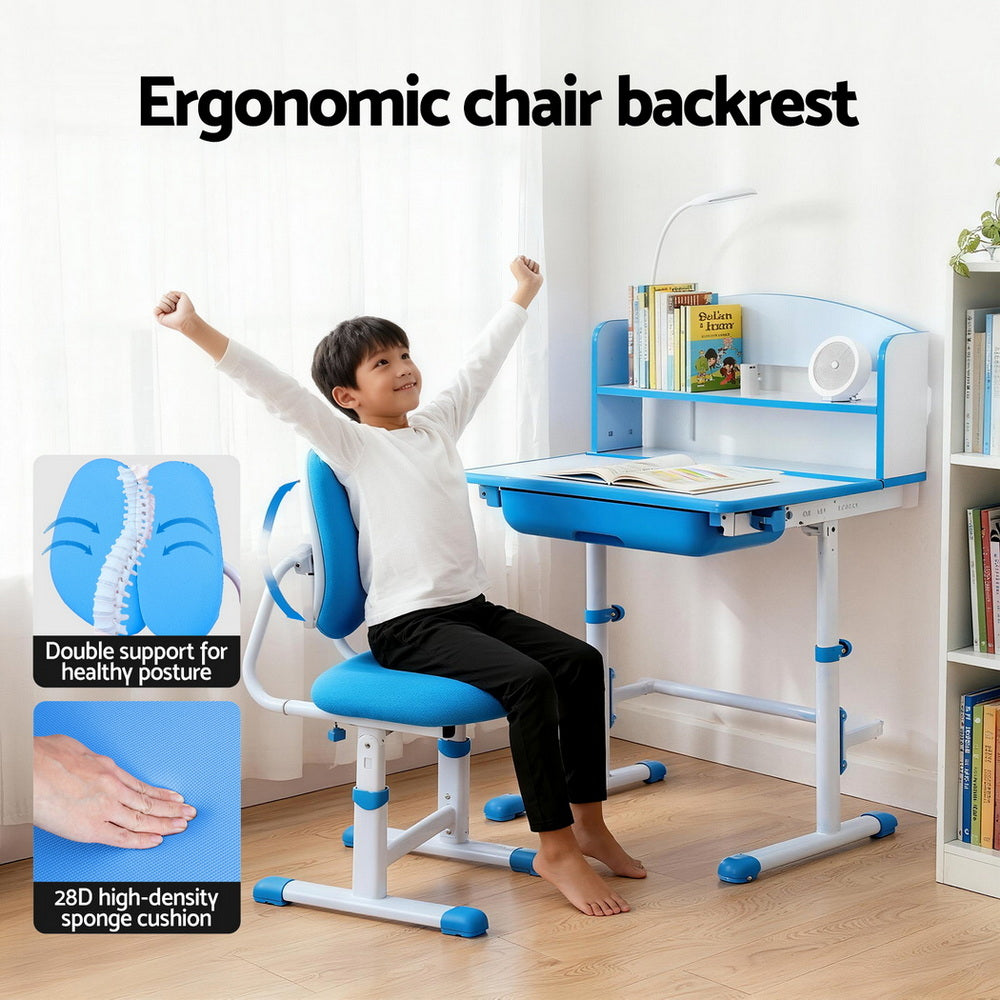 Keezi Kids Study Desk Chair Set Adjustable Ergonomic Table LED Lamp Blue - Homecoze