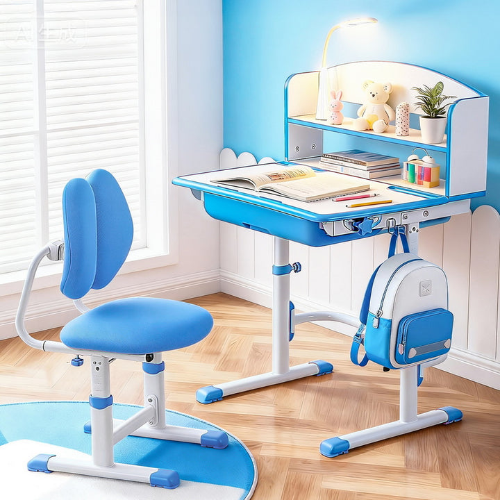 Keezi Kids Study Desk Chair Set Adjustable Ergonomic Table LED Lamp Blue - Homecoze