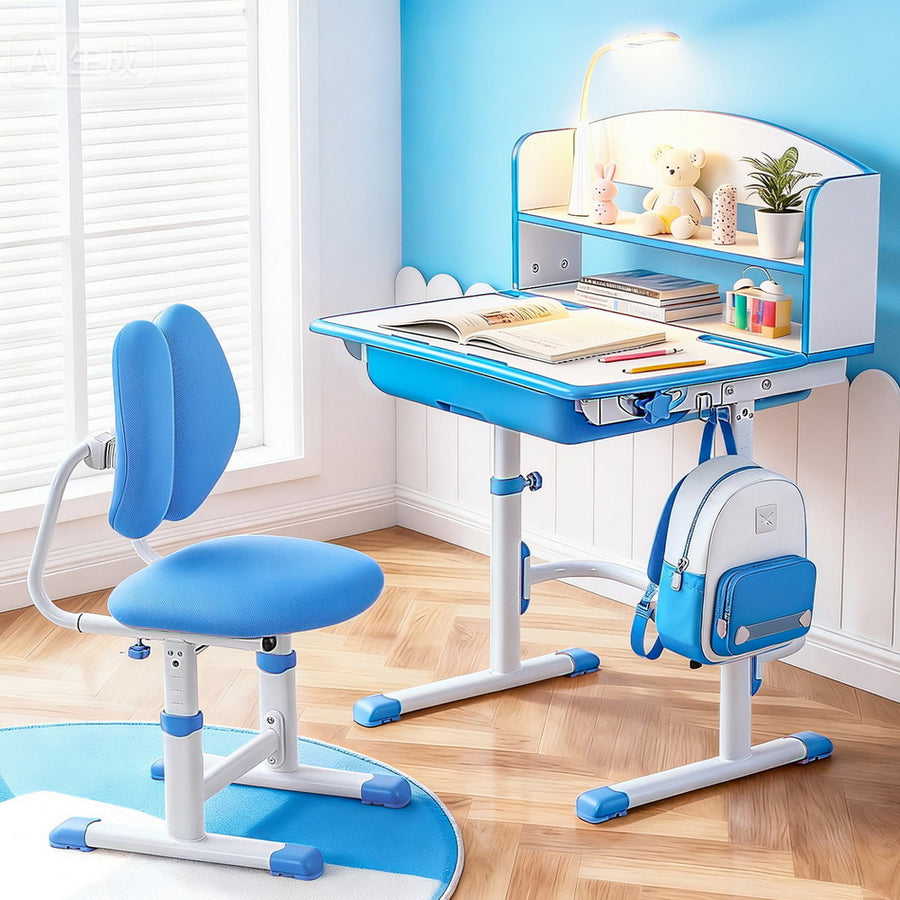 Keezi Kids Study Desk Chair Set Adjustable Ergonomic Table LED Lamp Blue - Homecoze