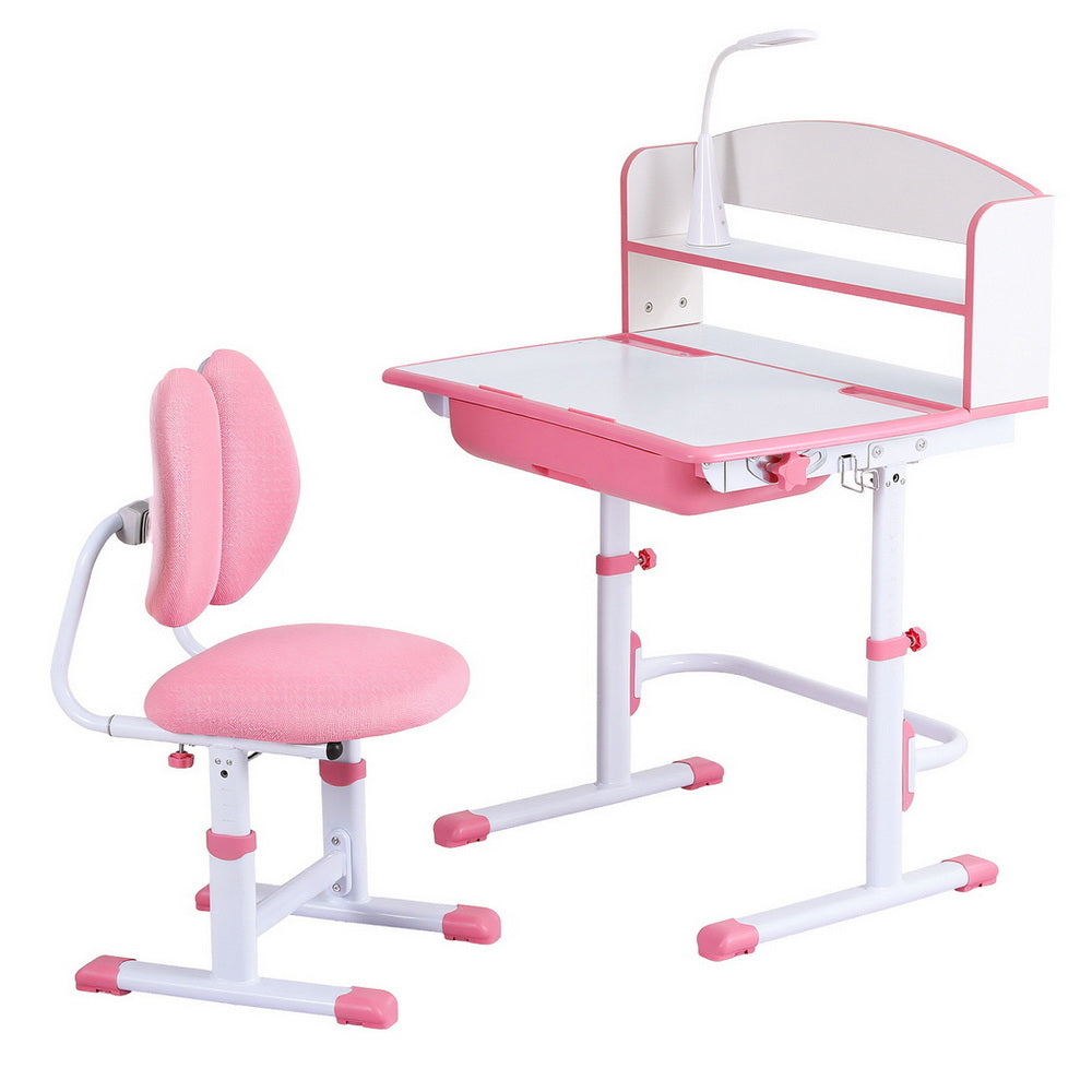 Keezi Kids Study Desk Chair Set Adjustable Ergonomic Table LED Lamp Pink - Homecoze