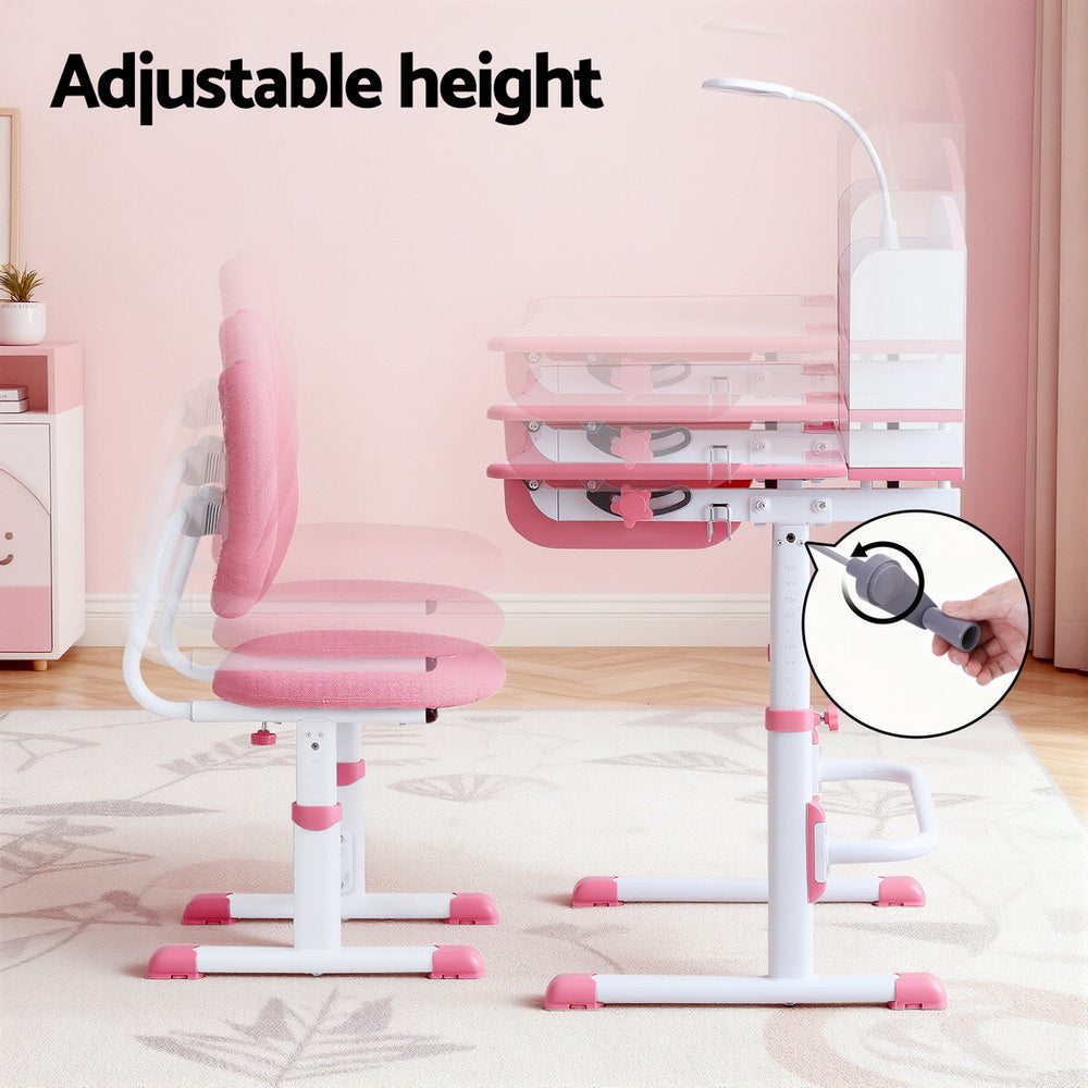 Keezi Kids Study Desk Chair Set Adjustable Ergonomic Table LED Lamp Pink - Homecoze