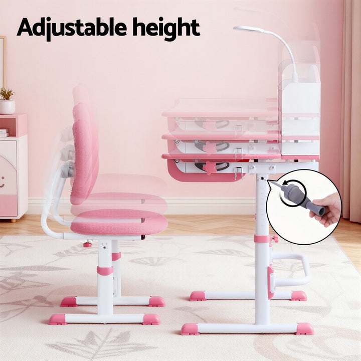 Keezi Kids Study Desk Chair Set Adjustable Ergonomic Table LED Lamp Pink - Homecoze
