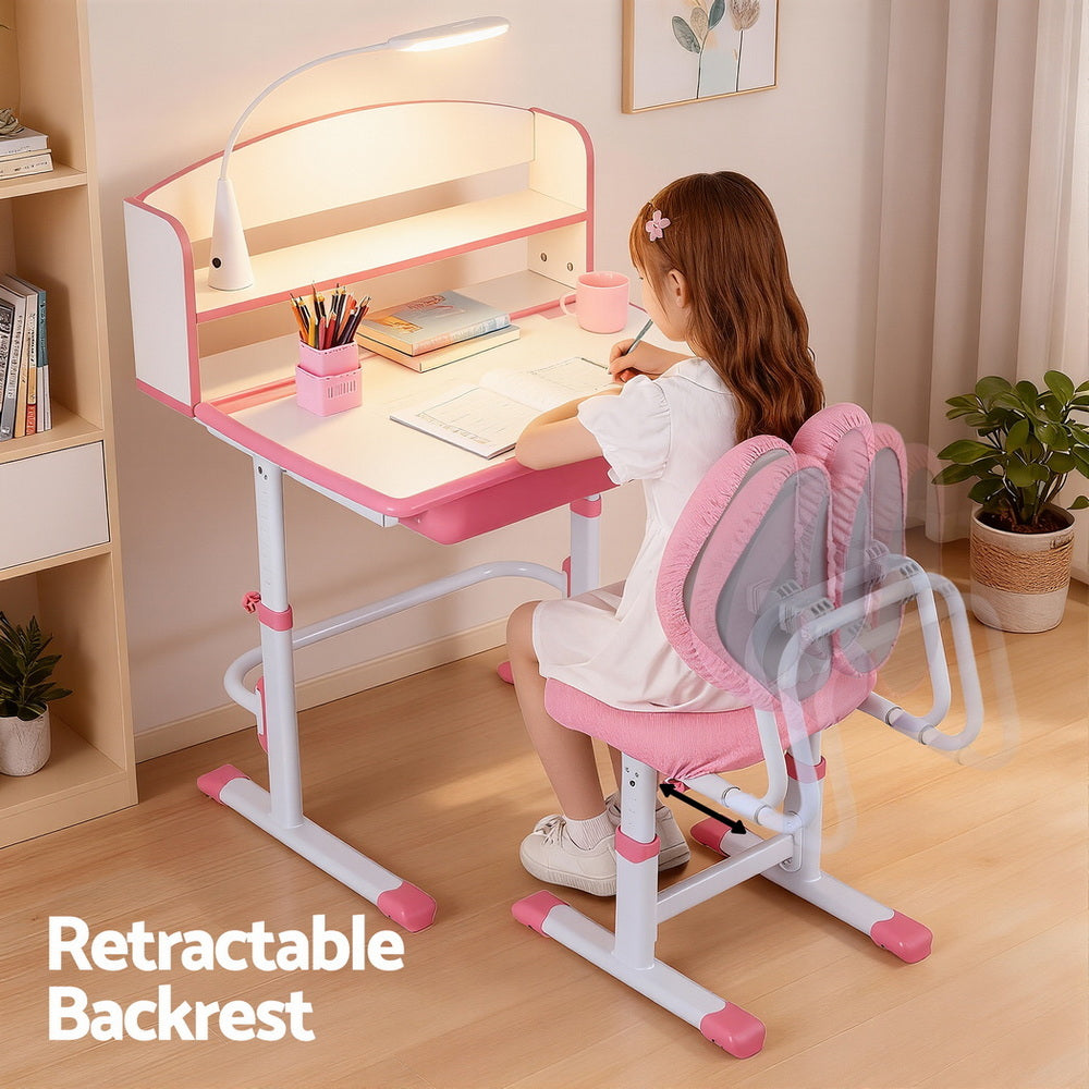 Keezi Kids Study Desk Chair Set Adjustable Ergonomic Table LED Lamp Pink - Homecoze
