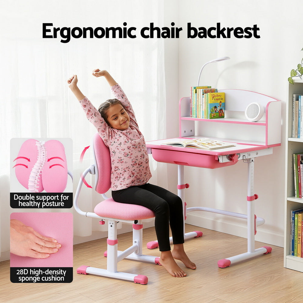 Keezi Kids Study Desk Chair Set Adjustable Ergonomic Table LED Lamp Pink - Homecoze