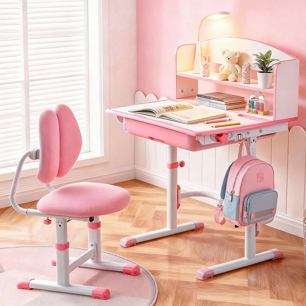 Keezi Kids Study Desk Chair Set Adjustable Ergonomic Table LED Lamp Pink - Homecoze
