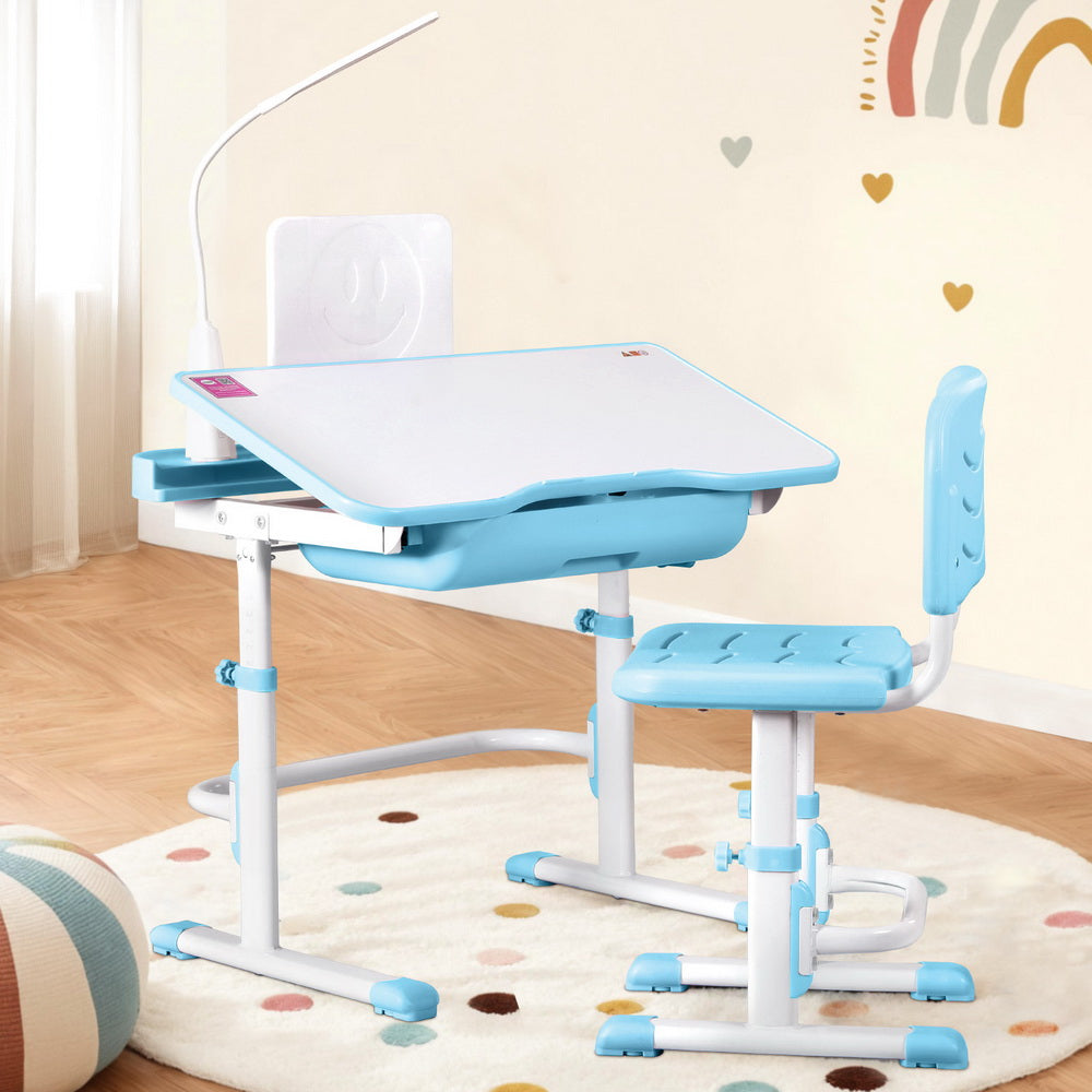 Keezi Kids Table and Chair Set Adjustable Study Desk w/ LED Lamp Reading Blue - Homecoze