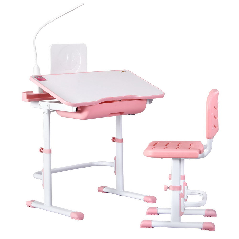 Keezi Kids Table and Chair Set Adjustable Study Desk w/ LED Lamp Reading Pink - Homecoze