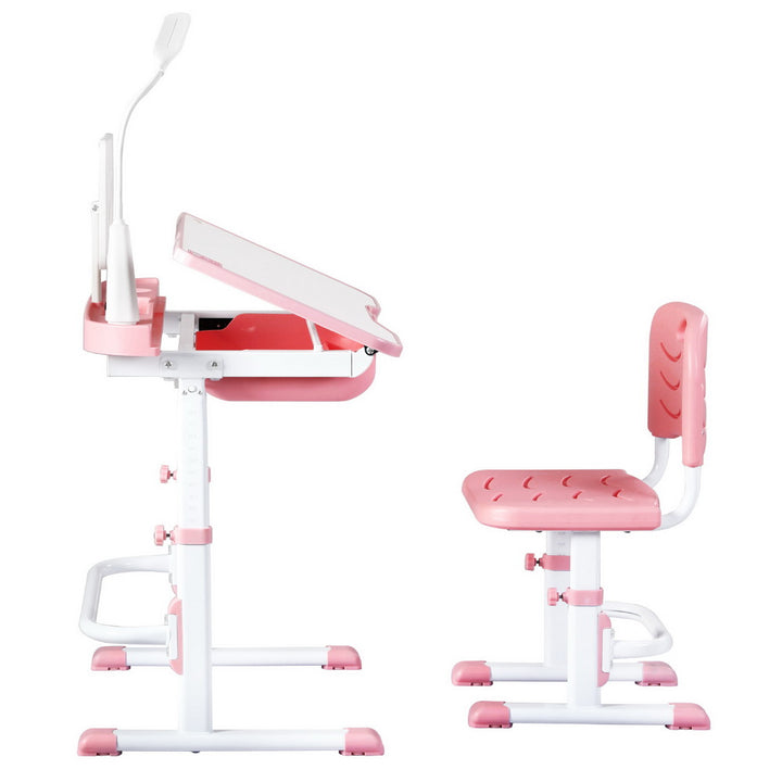 Keezi Kids Table and Chair Set Adjustable Study Desk w/ LED Lamp Reading Pink - Homecoze