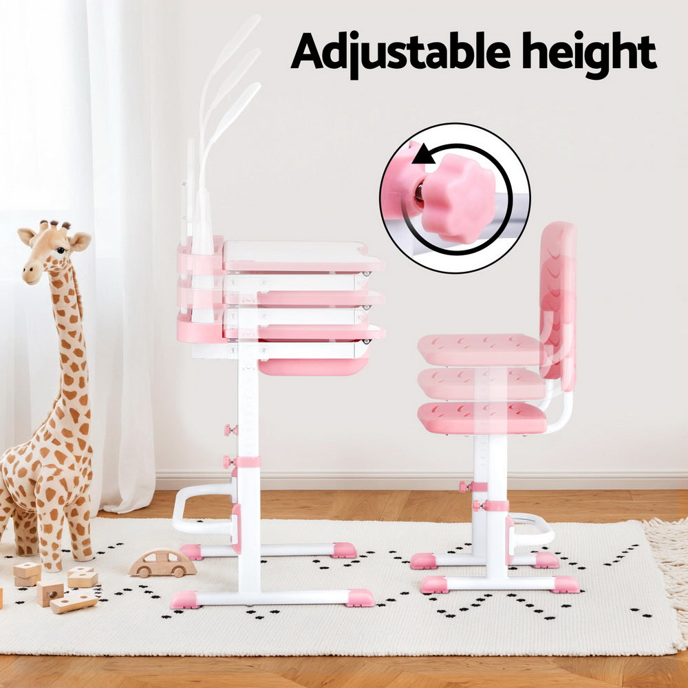 Keezi Kids Table and Chair Set Adjustable Study Desk w/ LED Lamp Reading Pink - Homecoze