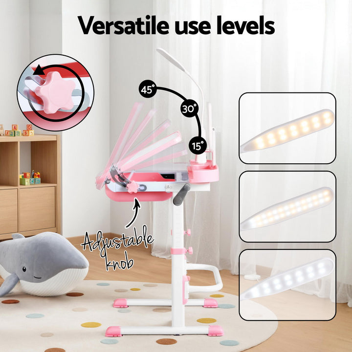 Keezi Kids Table and Chair Set Adjustable Study Desk w/ LED Lamp Reading Pink - Homecoze