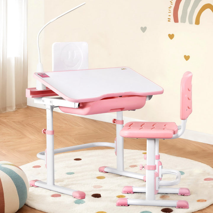 Keezi Kids Table and Chair Set Adjustable Study Desk w/ LED Lamp Reading Pink - Homecoze