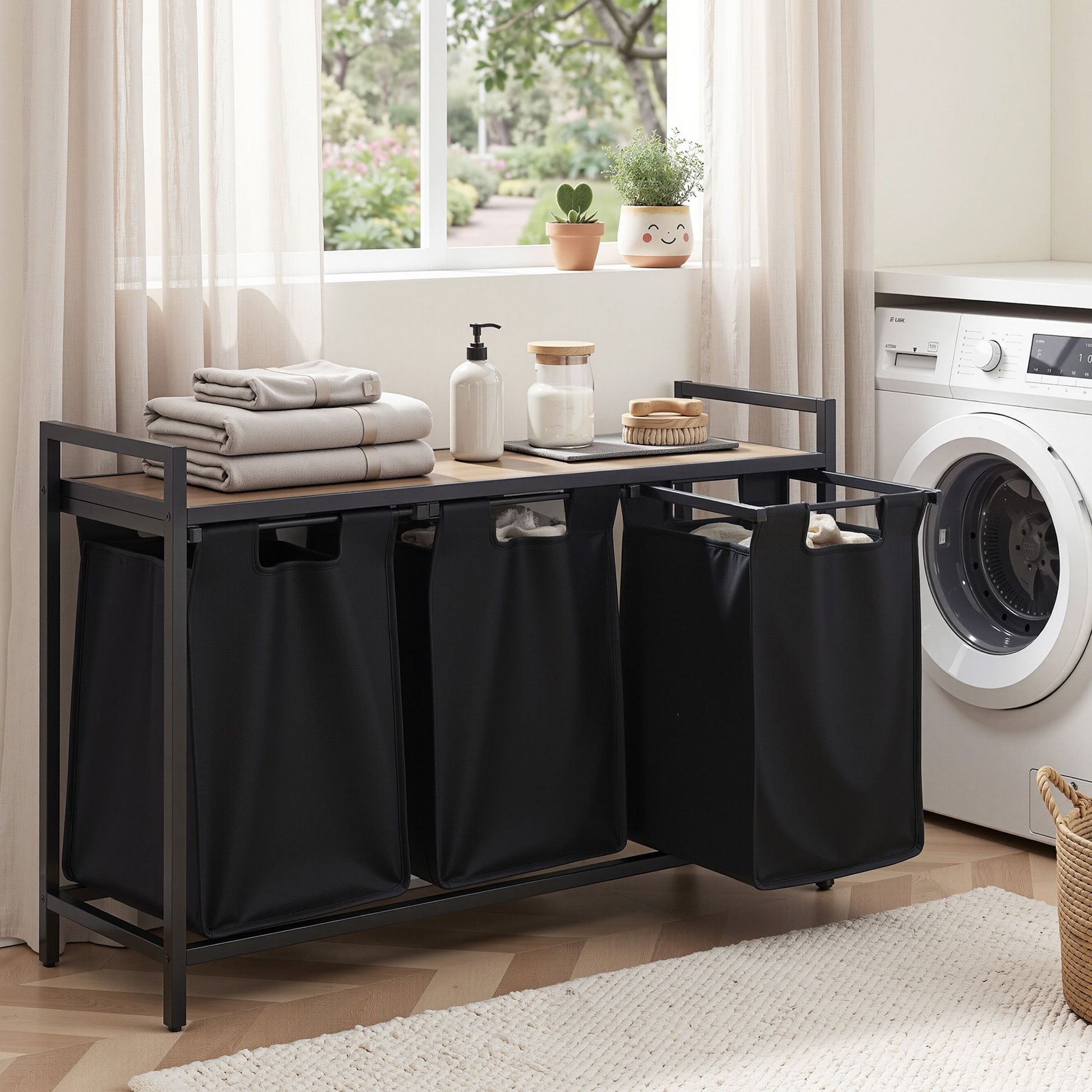 Artiss Laundry Basket with 3 Pull-out Bags Metal Frame Black - Homecoze