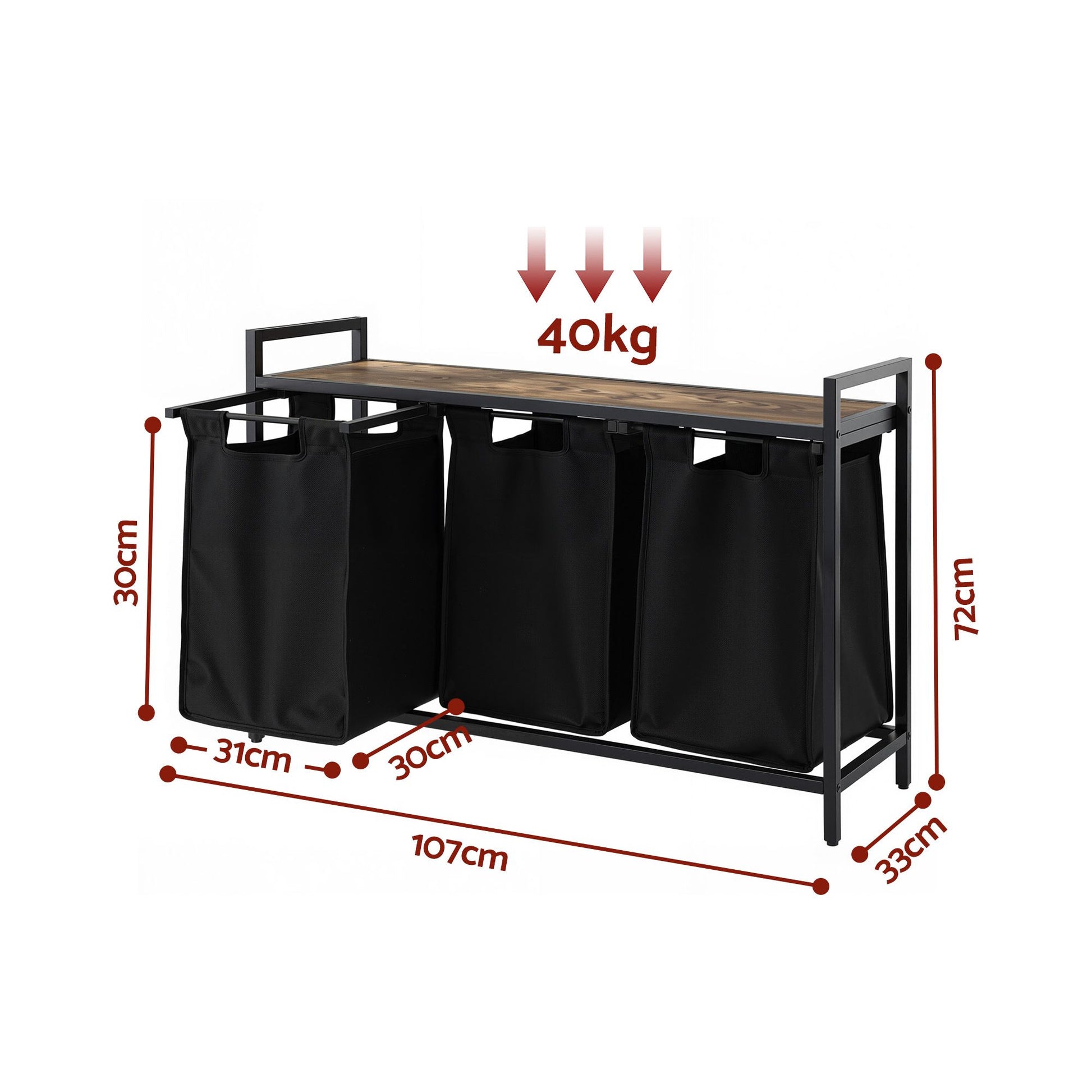 Artiss Laundry Basket with 3 Pull-out Bags Metal Frame Black - Homecoze